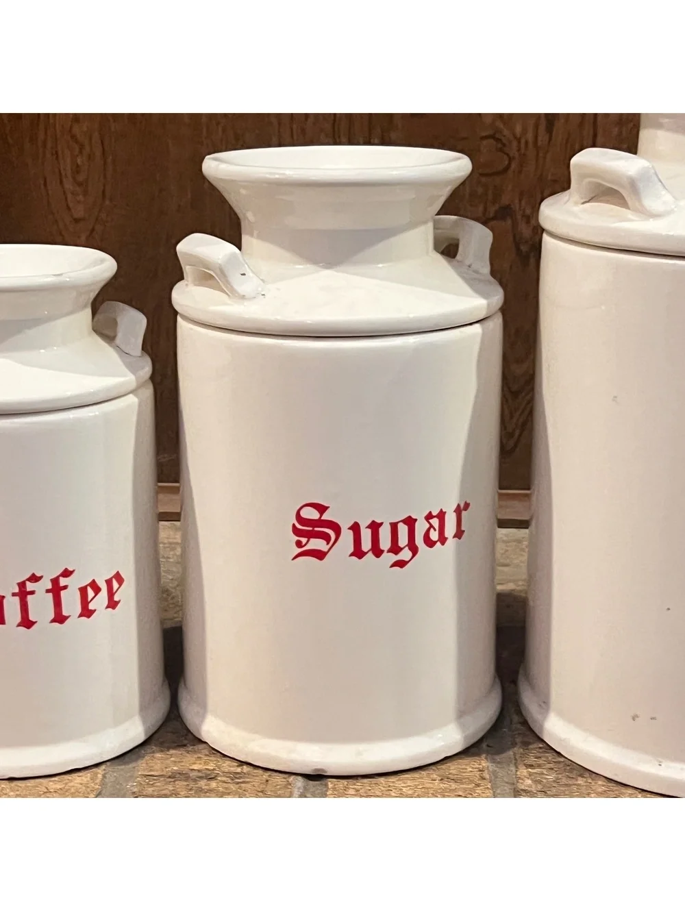 Vintage White Ceramic Kitchen Canister Set with Red Lettering - Tea, Coffee, 4-P